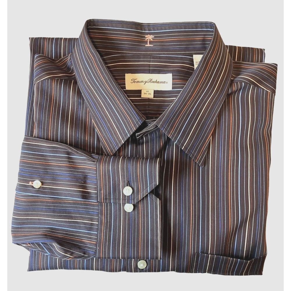 Tommy Bahama Button‎ Up Shirt Stripe Size 17.5 34/35 Long Sleeve Brown Blue Grey